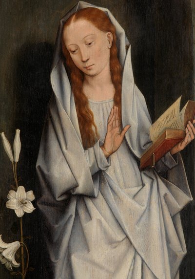Részlet a Szűzről, az Angyali üdvözletet mutató szárnypár hátoldaláról (olaj a panelen) alkotó: Hans Memling
