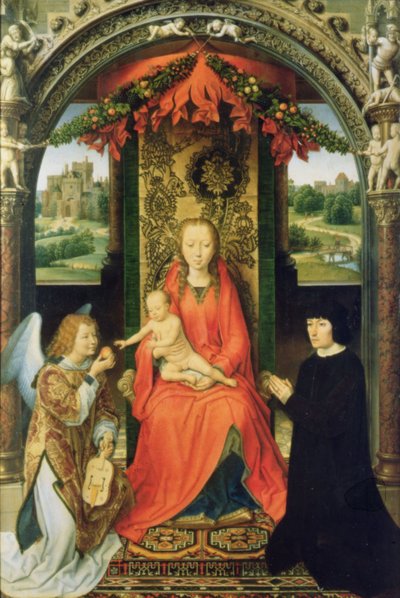 Madonna és gyermek adományozókkal és angyallal, egy triptichon központi táblája, 1485-90 (panel) alkotó: Hans Memling