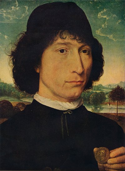Néró császár érmét tartó férfi portréja, 1474 alkotó: Hans Memling