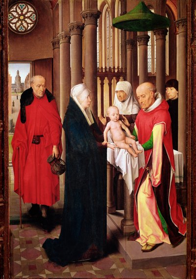 Bemutató a templomban. A Mágusok imádatának triptichonjának jobb oldali táblája (Detrempe, fa, 1470 körül) alkotó: Hans Memling