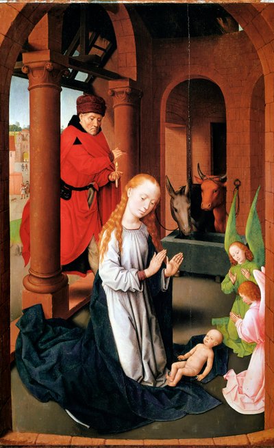 A Születés. Az imádat triptichonja bal oldali panelje (Detrempe, fa, 1470 körül) alkotó: Hans Memling