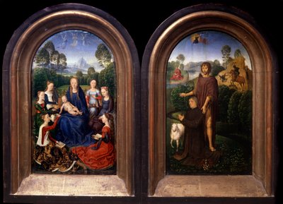 A Szűz és a Gyermek körül Saintes, az adományozó és Keresztelő Szent János diptichon - Hans Memling (1435-1494) festménye (ec flam) 15. századi Párizs, Louvre Múzeum alkotó: Hans Memling