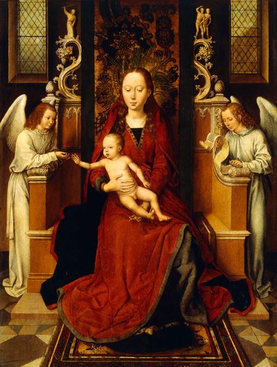 A Szűz és a Gyermek két angyallal trónol, alkotó: Hans Memling