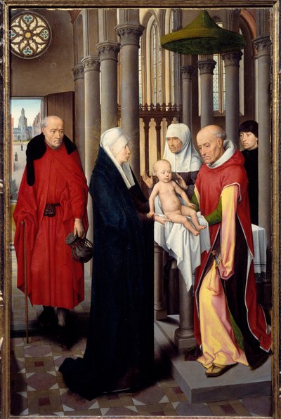 A mágusok imádásának triptichonja. A jobb oldali panel részlete: Bemutató a templomban. Detrempe fán Hans Memling (1433-1494), 1470 körül. Madrid. Prado Múzeum alkotó: Hans Memling