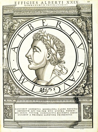 I. Albertus, illusztráció az "Imperatorum romanorum omnium orientalium et occidentalium verissimae imagines ex antiquis numismatis"-ból, Rudolph Wyssenbach fametszete, Andreas Gesner nyomdája, Zürich, alkotó: Hans Rudolf Manuel Deutsch