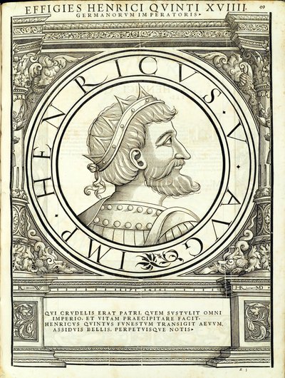 V. Henrik, illusztráció a „Minden kelet és nyugat római császárai” című könyvből, Rudolph Wyssenbach fametszete, nyomta: Andreas Gesner, Zürich alkotó: Hans Rudolf Manuel Deutsch