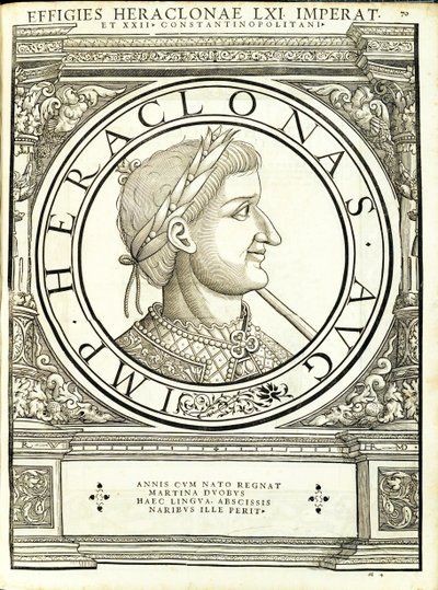 Heraclonas, illusztráció az "Imperatorum romanorum omnium orientalium et occidentalium verissimae imagines ex antiquis numismatis" című kötetből, Rudolph Wyssenbach fametszete, Andreas Gesner nyomdája, Zürich, alkotó: Hans Rudolf Manuel Deutsch