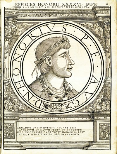 Honorius, illusztráció a „Minden Kelet és Nyugat római császárai” című könyvből, Rudolph Wyssenbach fametszete, nyomta: Andreas Gesner, Zürich, 15 alkotó: Hans Rudolf Manuel Deutsch