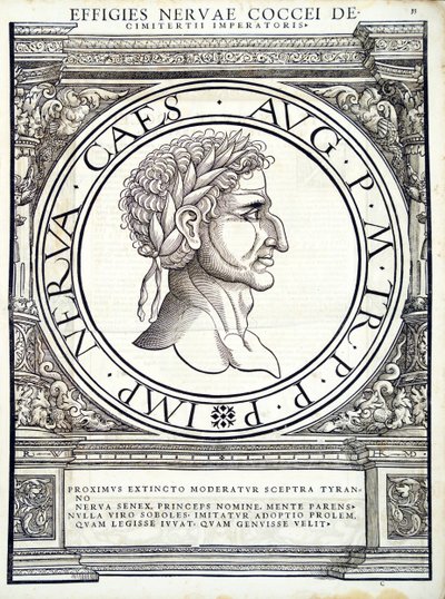 Nerva, illusztráció a „Minden kelet és nyugat római császáraiból”, Rudolph Wyssenbach fametszete, nyomta Andreas Gesner, Zürich, 1559 alkotó: Hans Rudolf Manuel Deutsch
