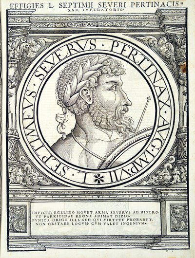 Septimus Seuerus, illusztráció az "Imperatorum romanorum omnium orientalium et occidentalium verissimae imagines ex antiquis numismatis" című kötetből, Rudolph Wyssenbach fametszete, Andreas Gesner, Zu nyomda alkotó: Hans Rudolf Manuel Deutsch