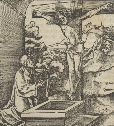 Egy ember, aki egy feszület előtt imádkozik, a Hymmelwagen auff dem, wer wol Leben...-ből, 1517. alkotó: Hans Schäufelein the Elder