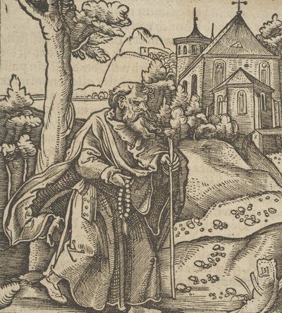 Egy öreg zarándok jobbra sétál, a Hymmelwagen auff dem, wer wol Leben...-ből, 1517. alkotó: Hans Schäufelein the Elder
