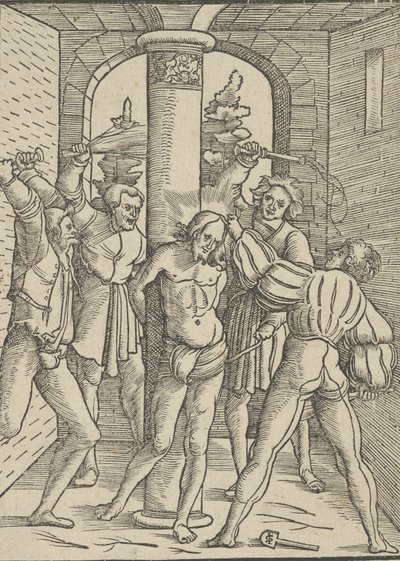 Krisztus megkorbácsolt, Jézus Krisztus tanítása, élete és szenvedése, 1537-ből. alkotó: Hans Schäufelein the Elder