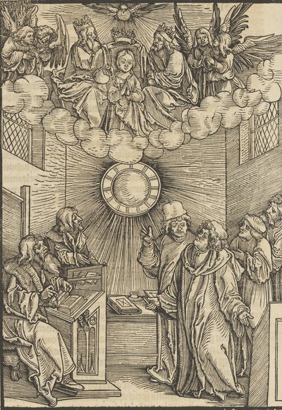 A szerző írója a Layenspiegel-t, a Szentháromságot és a Szűzanyát a felső központban, 1511-ből .... alkotó: Hans Schäufelein the Elder