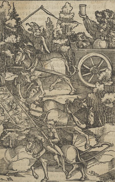 A részeg ember szekéren a pokolba vezető úton, Hymmelwagentől a ki él…, 1517. alkotó: Hans Schäufelein the Elder