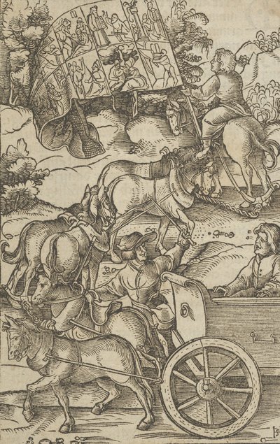 Az erényes ember szekéren a mennybe vezető úton, Hymmelwagen auff dem, wer wol leb..., 1517-ből. alkotó: Hans Schäufelein the Elder