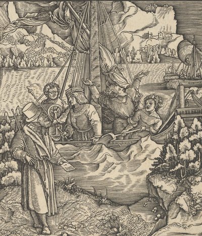 Az Unfalo veszélyezteti Theuerdanck hajóját, Theuerdanckból, 1517. alkotó: Hans Schäufelein the Elder