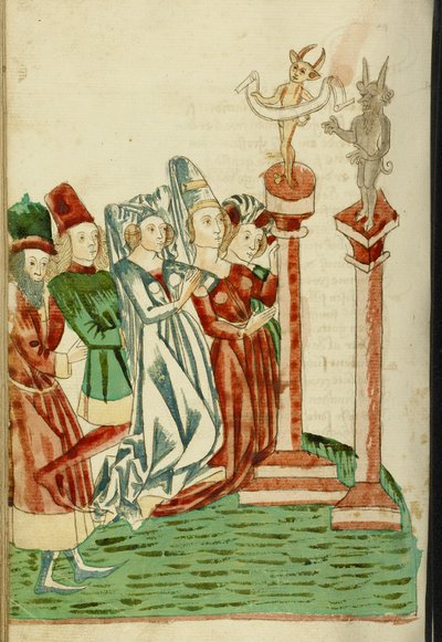 Férfiak és nők egy csoportja két bálványt imád, 1469 (tinta, mosás és tempera papíron) alkotó: Hans Schilling