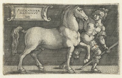Nagy Sándor lovával, Bucephalusszal Alexander Mangnvs (cím a tárgyon) alkotó: Hans Sebald Beham