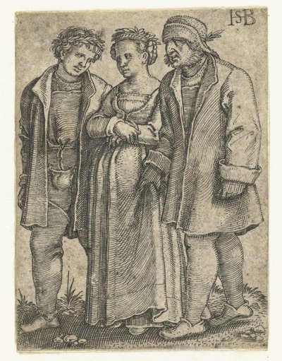 Menyasszony és a vőlegény és a menyasszony apja Parasztlakodalmas felvonulás (sorozat címe) alkotó: Hans Sebald Beham