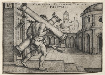 Herkules munkássága: Herkules a Gades oszlopait cipelve, 1545. alkotó: Hans Sebald Beham