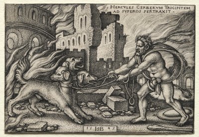 Herkules munkássága: Herkules kirángatja Cerberust az alvilágból alkotó: Hans Sebald Beham