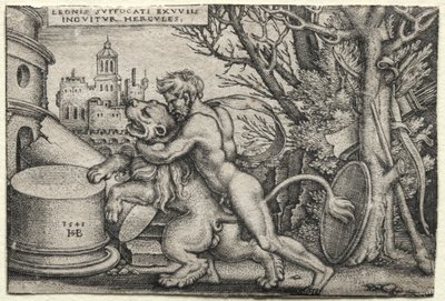 Herkules munkássága: Herkules, aki megfojtja a nemeai oroszlánt, 1548. alkotó: Hans Sebald Beham