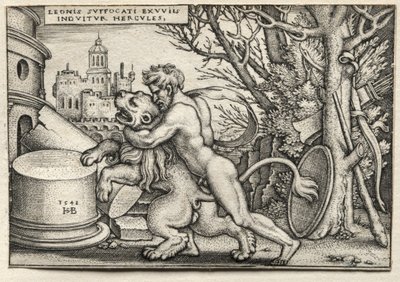 Herkules munkássága: Herkules, aki megfojtja a nemeai oroszlánt, 1548. alkotó: Hans Sebald Beham