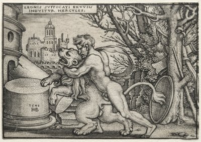 Herkules munkássága: Herkules, aki megfojtja a nemeai oroszlánt, 1548. alkotó: Hans Sebald Beham