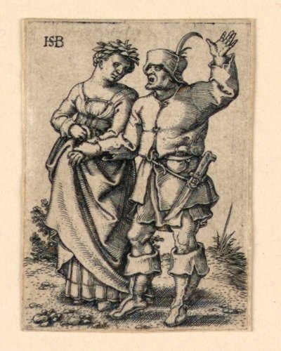 Az esküvői menet: pár balra sétál, nő koszorút visel alkotó: Hans Sebald Beham