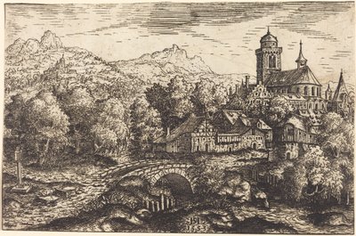 Hegyvidéki táj faluval, 1553. alkotó: Hans Sebald Lautensack