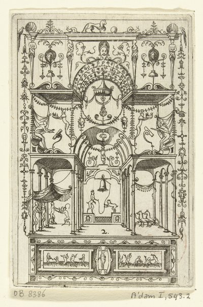 Driebeukig open bouwwerk met twee etages op een talapzaton James Androuetius Du Cerceau, a feltaláló nem néhány éve írta (...) (sorozat címe) alkotó: Hans Sibmacher