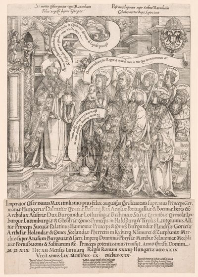 Maximilian védőszentjei bemutatták a Mindenhatónak, 1519. alkotó: Hans Springinklee