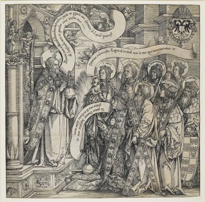 Maximilian védőszentjei bemutatták a Mindenhatónak, 1519 alkotó: Hans Springinklee