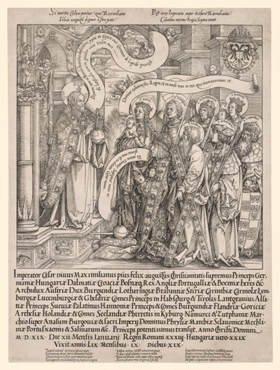 Maximilian császár, akit védőszentjei mutattak be a Mindenhatónak, 1519. alkotó: Hans Springinklee