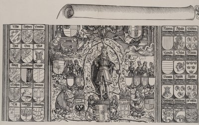 Maximilian genealógiájának felső része, az 1515-ös...-i tekercs jobb szélével. alkotó: Hans Springinklee