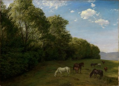 Legelésző lovakkal tarkított táj alkotó: Hans Thoma