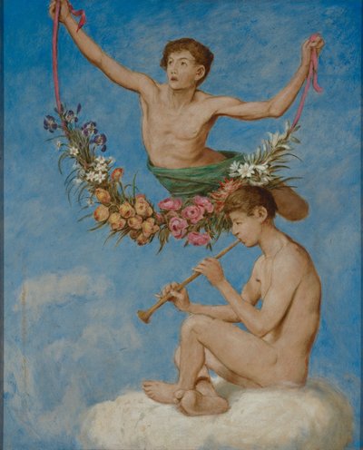 Május (két ifjú géniusz virágokkal) alkotó: Hans Thoma