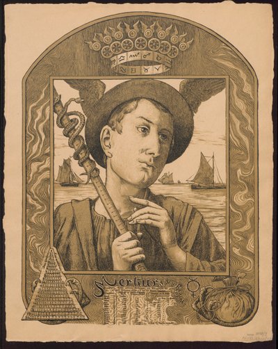 „Merkur Jahrers Regent”. Merkúr, az év uralkodója. Vázlatok az „Örök képes naptár” című műhöz, II. rész, 1901 (Immerwährender Bilderkalender) alkotó: Hans Thoma