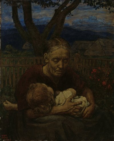 Anya és gyermeke a kertben alkotó: Hans Thoma