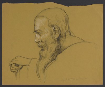 Hosszú szakállú öregember mellszobra, aki mindkét kezével botra támaszkodik, profilból ábrázolva alkotó: Hans Thoma