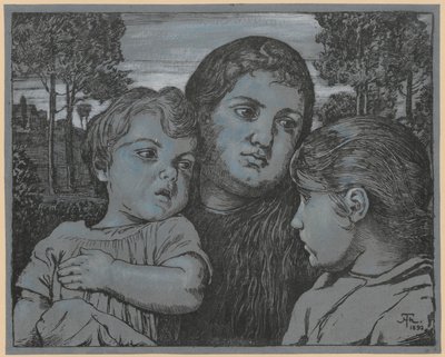 A művész feleségének, Celli-nek portréja két gyermekkel táj előtt alkotó: Hans Thoma