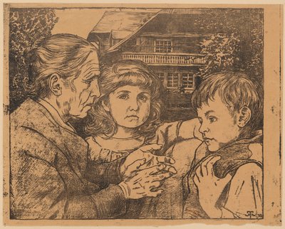 Egy idős asszony, aki mesét mond két gyermeknek egy Fekete-erdőbeli ház előtt alkotó: Hans Thoma