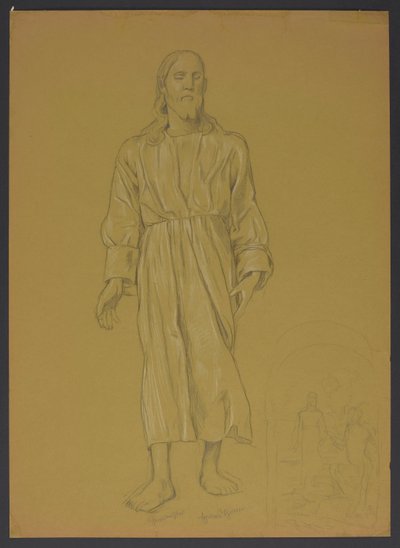 Studie der Gestalt Christi, daneben, unten, Skizze zum Gemälde "Taufe Christi" alkotó: Hans Thoma