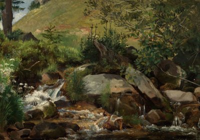 Réti patak bokrokkal és füvekkel alkotó: Hans Thoma