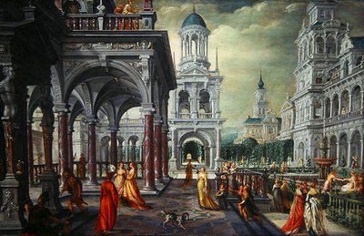 Batseba és Dávid építészeti háttérrel (olaj, tölgy) alkotó: Hans Vredeman de Vries