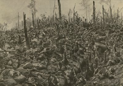 Német támadás a francia blokkházak és lövészárkok ellen a Bois-le-Pretre-ben az 1915. július 5-i tüzérségi bombázást követően (litho) alkotó: Hans W. (after) Schmidt