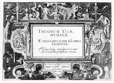 A Johannes Wierix (1549-1618 körül) metszett „Theatrum Vitae Humanae” címlapja, 1638-ban újranyomva alkotó: Hans or Jan Vredeman de Vries