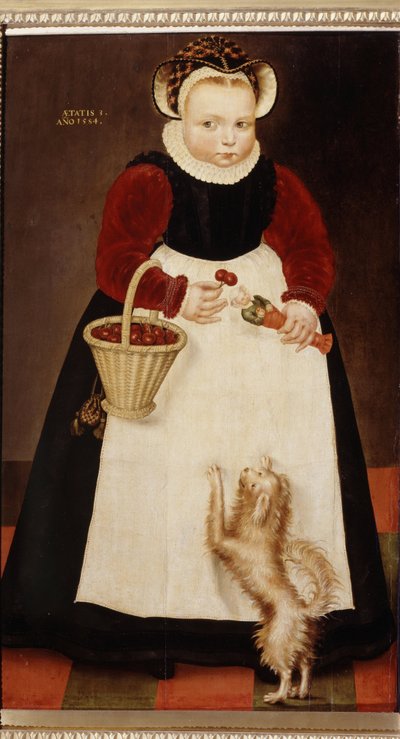 ""Egy cseresznyekosarat és egy kis babát tartó kislány portréja" (Fiatal lány portréja) Epergallért visel Idősebb Hans Bock festménye (1550-1623 körül) 1584 Puskin Múzeum, Moszkva alkotó: Hans the Elder Bock