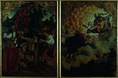 Szent Péter és Pál oltárkép történetei: LtoR Szent Péter keresztre feszítését bemutató részlet, Szent Pál mennybemenetele (olaj, tábla) (részlet) alkotó: Hans von Klumbach